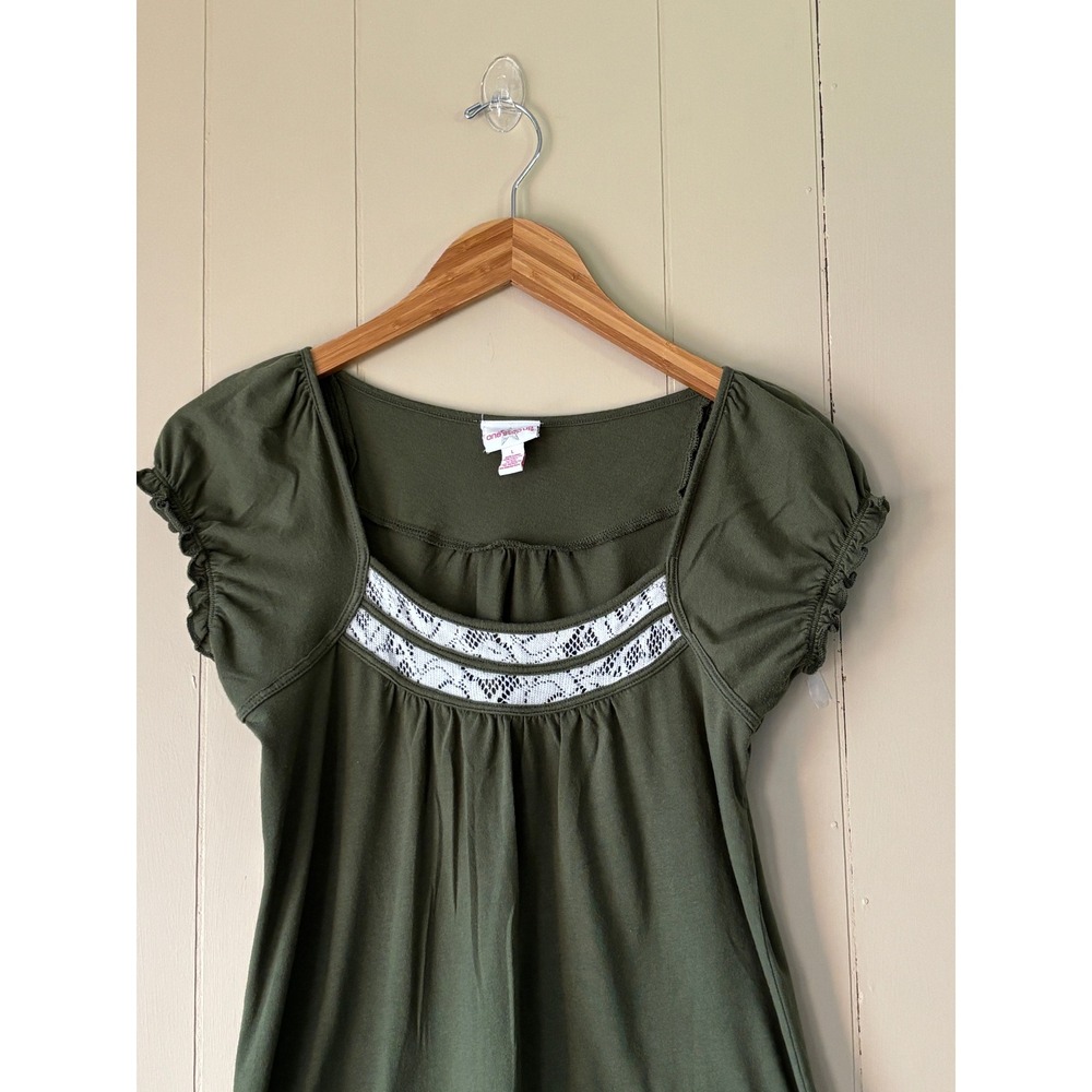Vintage Y2K Olive Green Lace Trim Babydoll Top Short Sleeve Square Neck Large